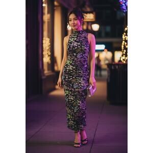 AFRM Floral Mesh Long Midi Dress SP – Mock Neck Sleeveless Bodycon Lined